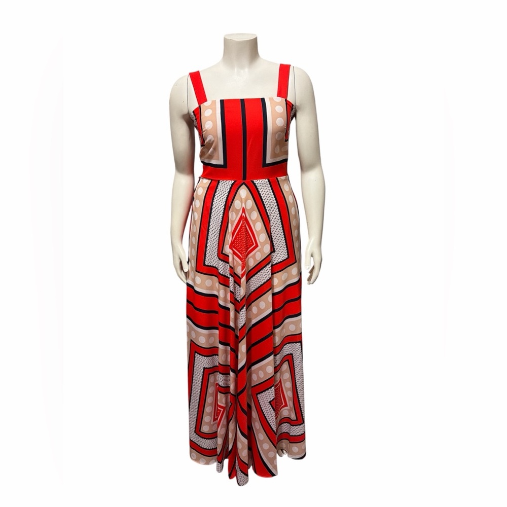 NWT Red Geometric Print Maxi Dress with Square Neck Size 8
